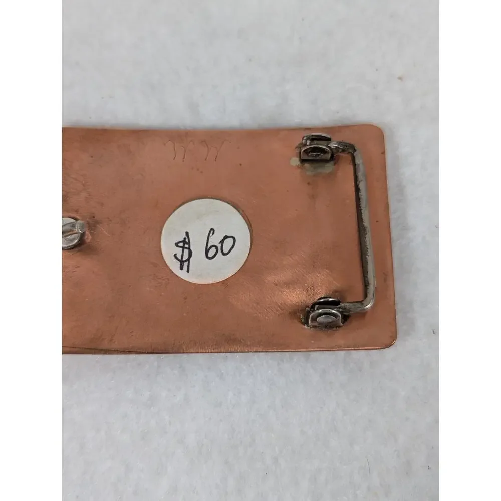 Vtge Hand etched Copper belt buckle with Jade 27/8